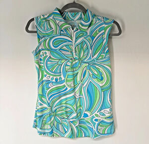 Icikuls Sporty Golf Shirt Women S Blue Green Abstract Floral 1/4 Zip Performance
